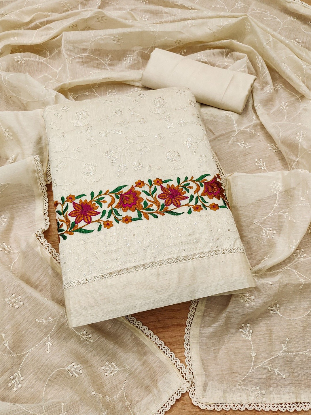 

Panzora Embroidered Unstitched Dress Material, Beige
