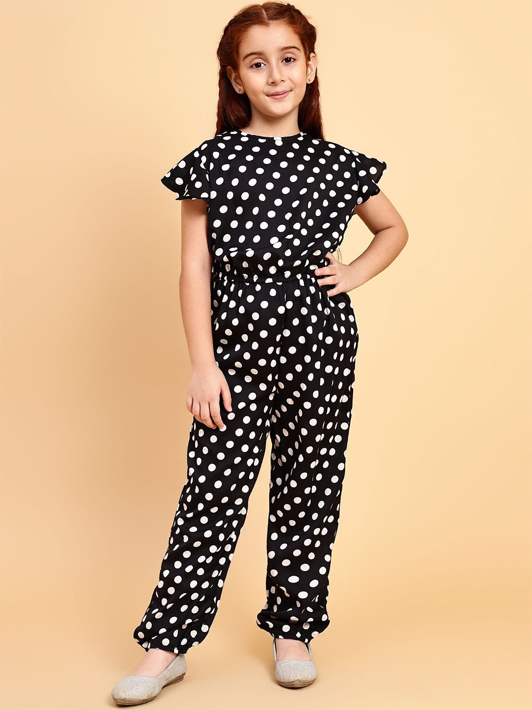 

YK Girls Printed Round Neck Basic Jumpsuit, Black
