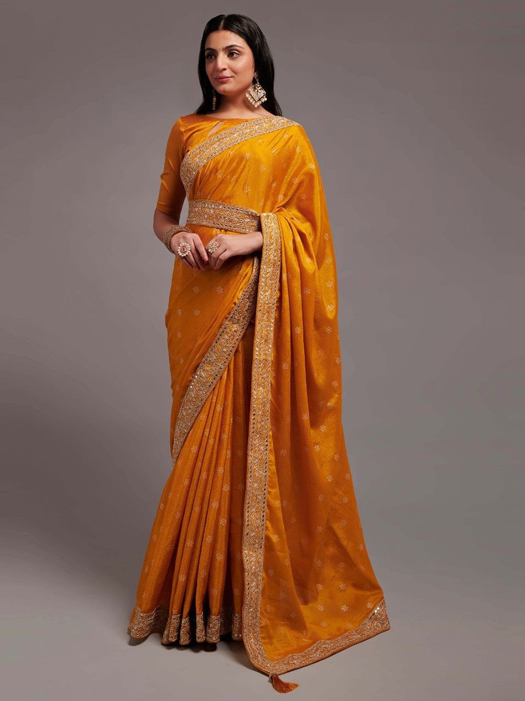 

ZIBLON Floral Embroidered Sequinned Saree, Mustard