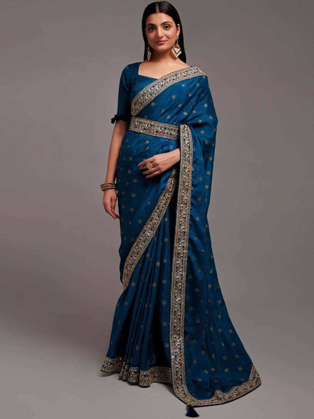 

ZIBLON Ethnic Motifs Embroidered Belted Sarees, Blue
