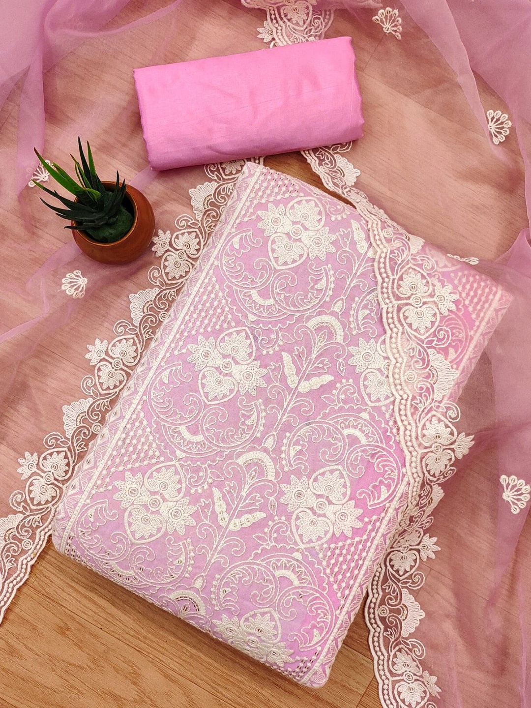 

Panzora Embroidered Unstitched Dress Material, Pink