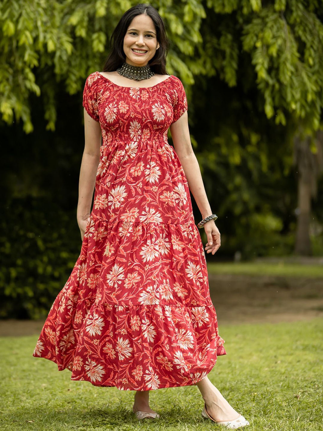 

Anni Designer Floral Printed Off-Shoulder Puff Sleeves A-Line Kurta, Red