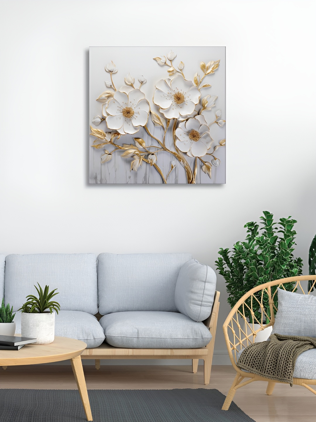 

RANDOM White & Gold-Toned Floral Canvas Wall Painting