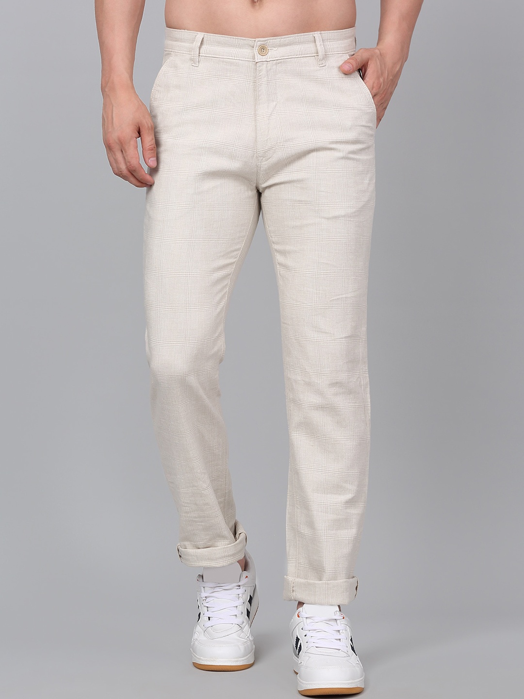 

Cantabil Men Checkered Cotton Trousers, Beige