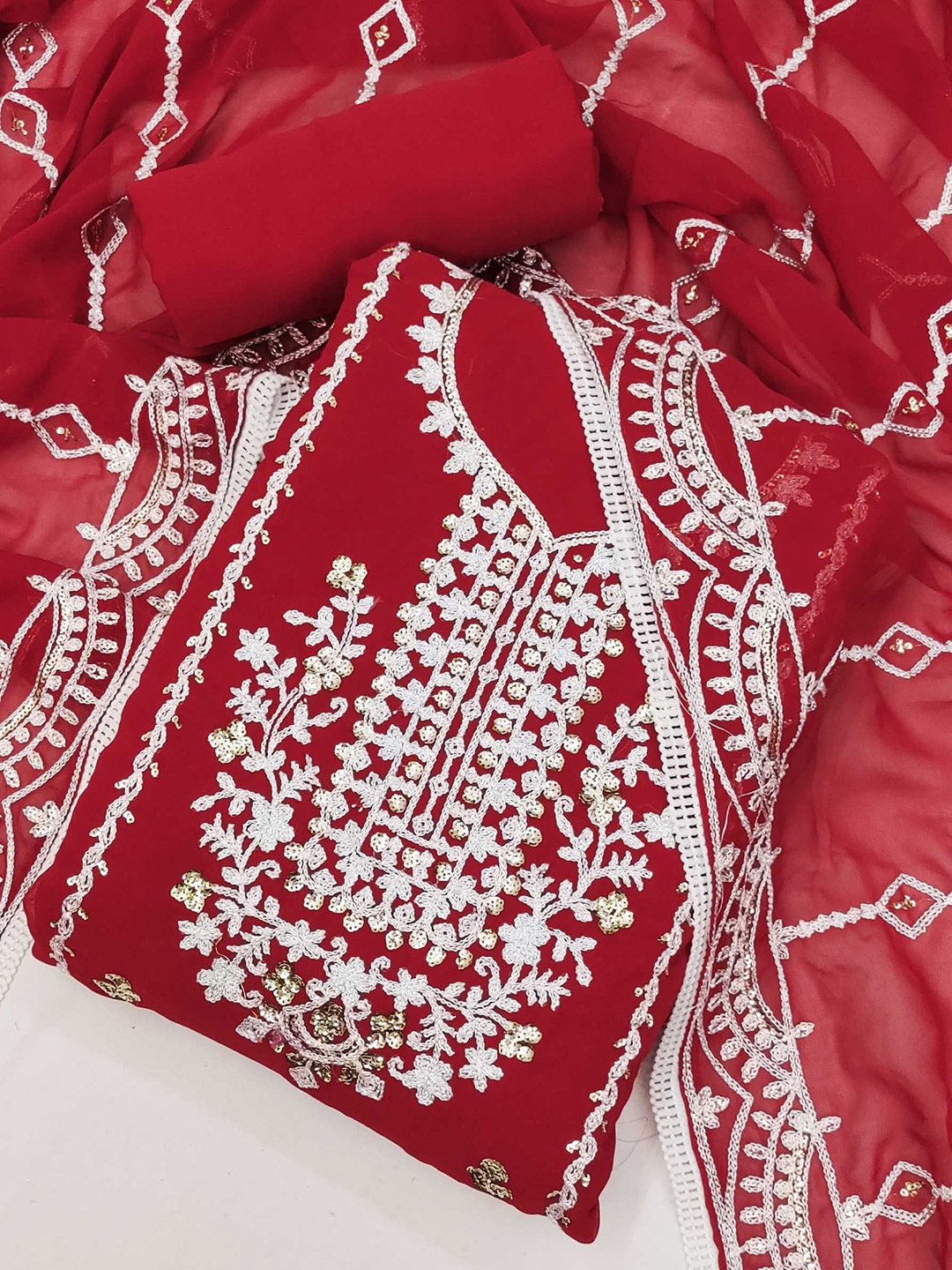 

Panzora Embroidered Unstitched Dress Material, Red