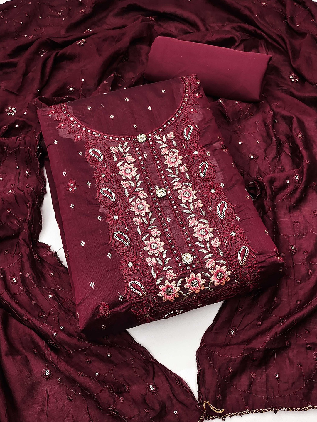 

Panzora Embroidered Unstitched Dress Material, Maroon