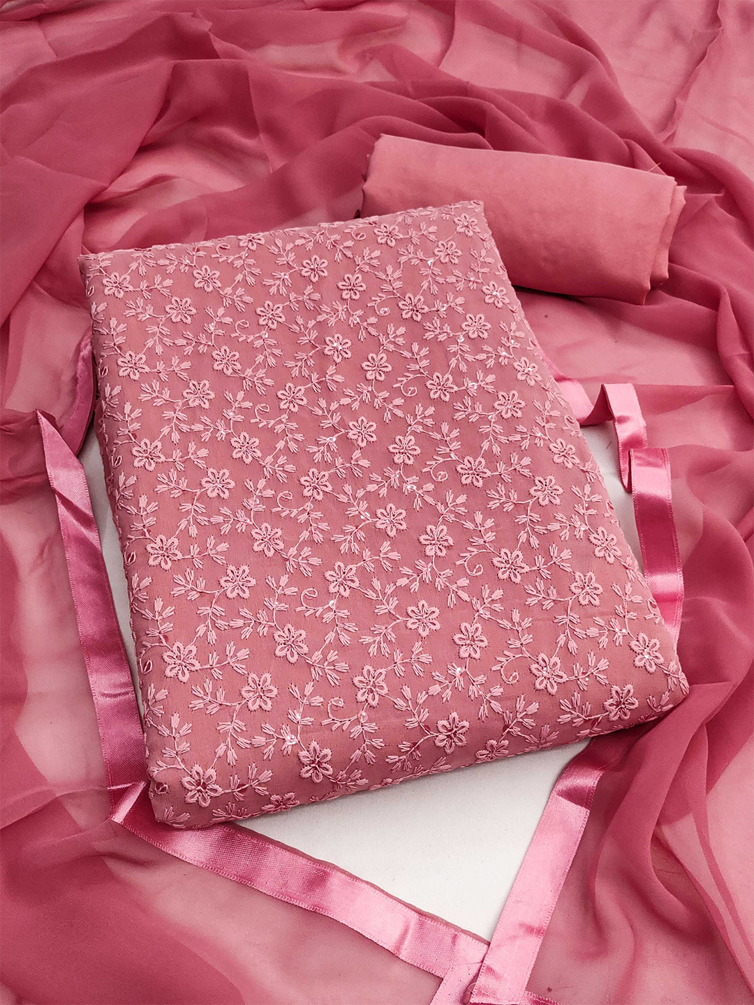 

Panzora Floral Embroidered Unstitched Dress Material, Pink