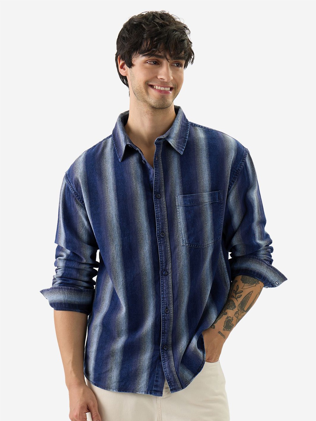 

The Souled Store Men Striped Long Sleeves Spread Collar Casual Shirt, Blue