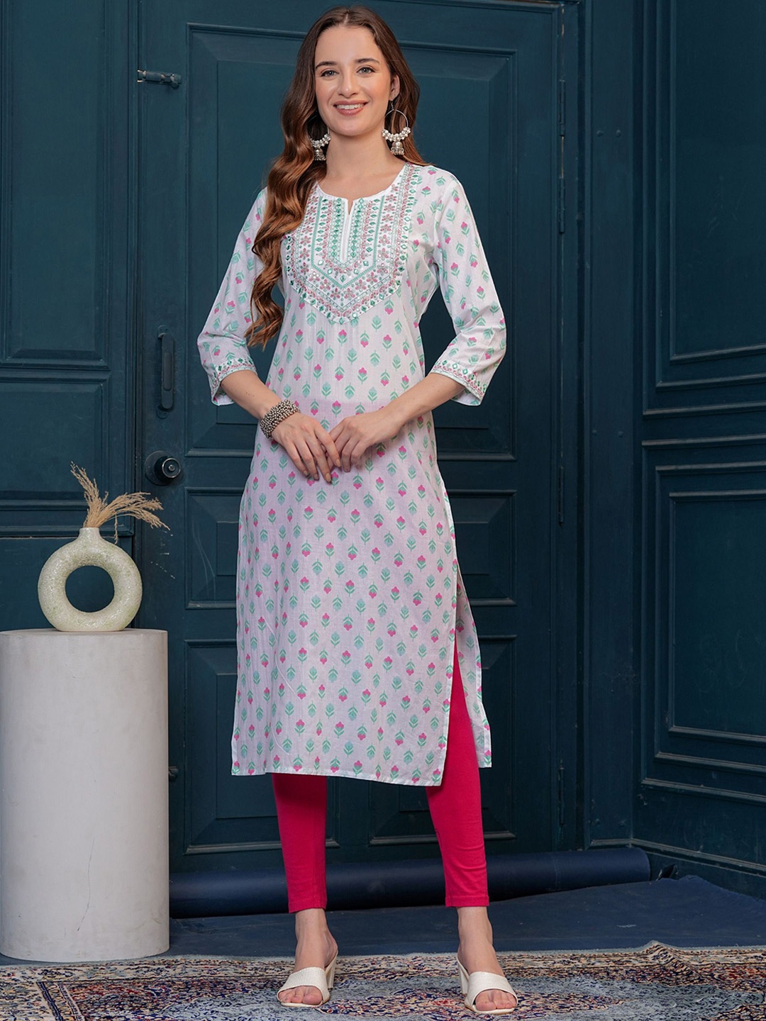 

FASHION DEPTH Floral Printed Cotton Kurta, Green