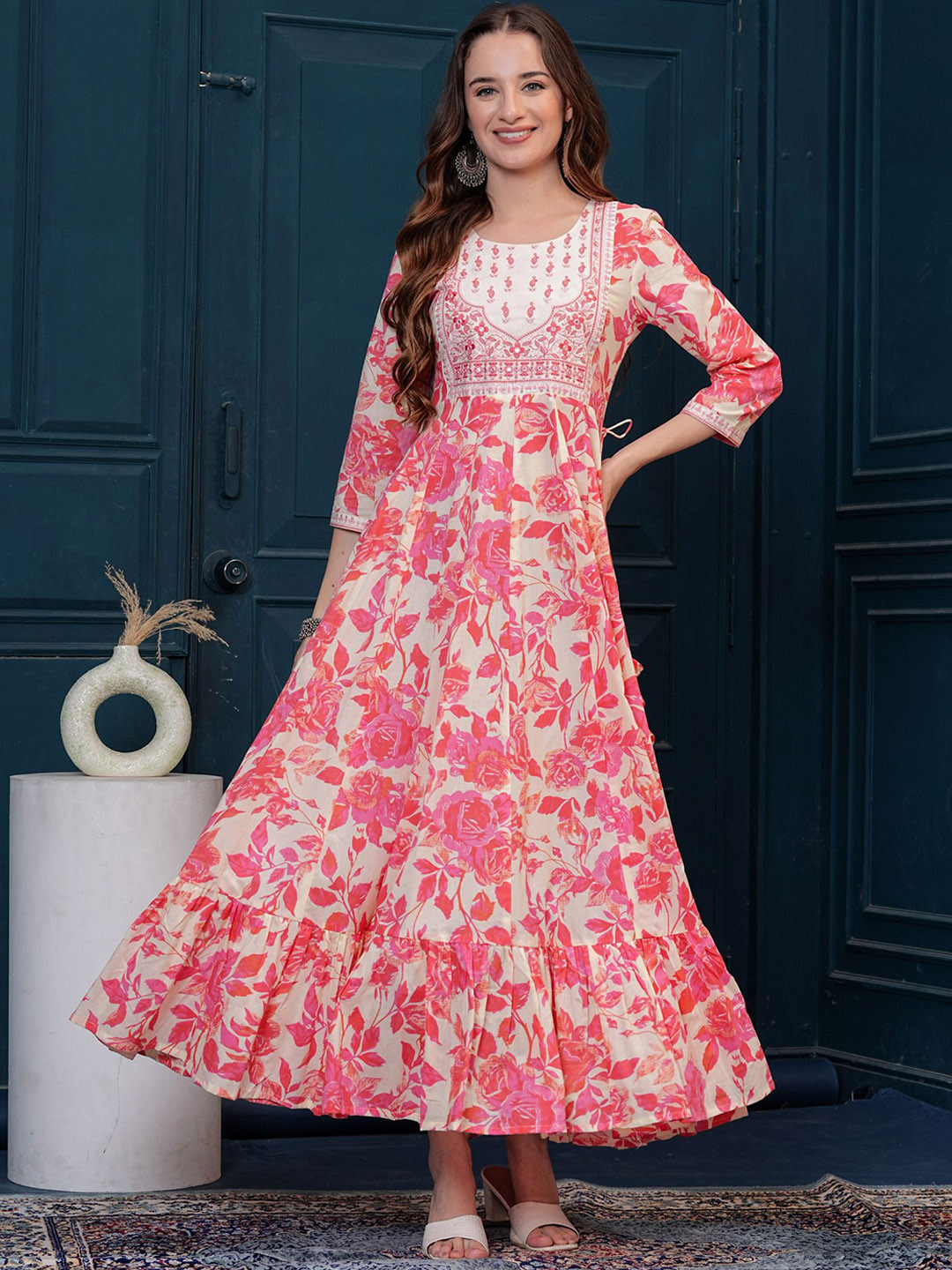 

FASHION DEPTH Floral Printed Anarkali Cotton Kurta, Pink