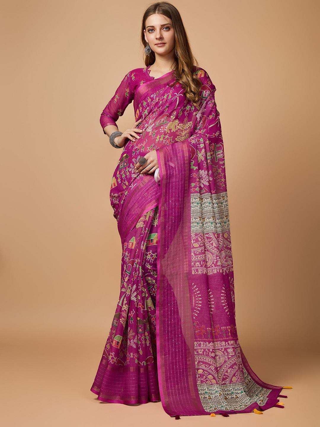 

Fashion FRICKS Warli Printed Saree, Pink