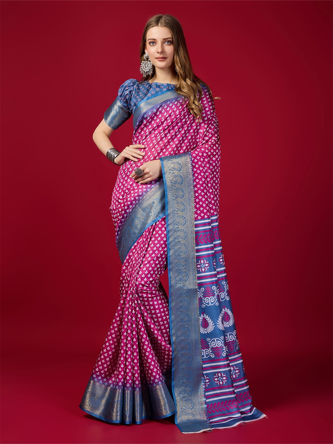

Fashion FRICKS Ethnic Motifs Zari Digital Printed Saree, Pink