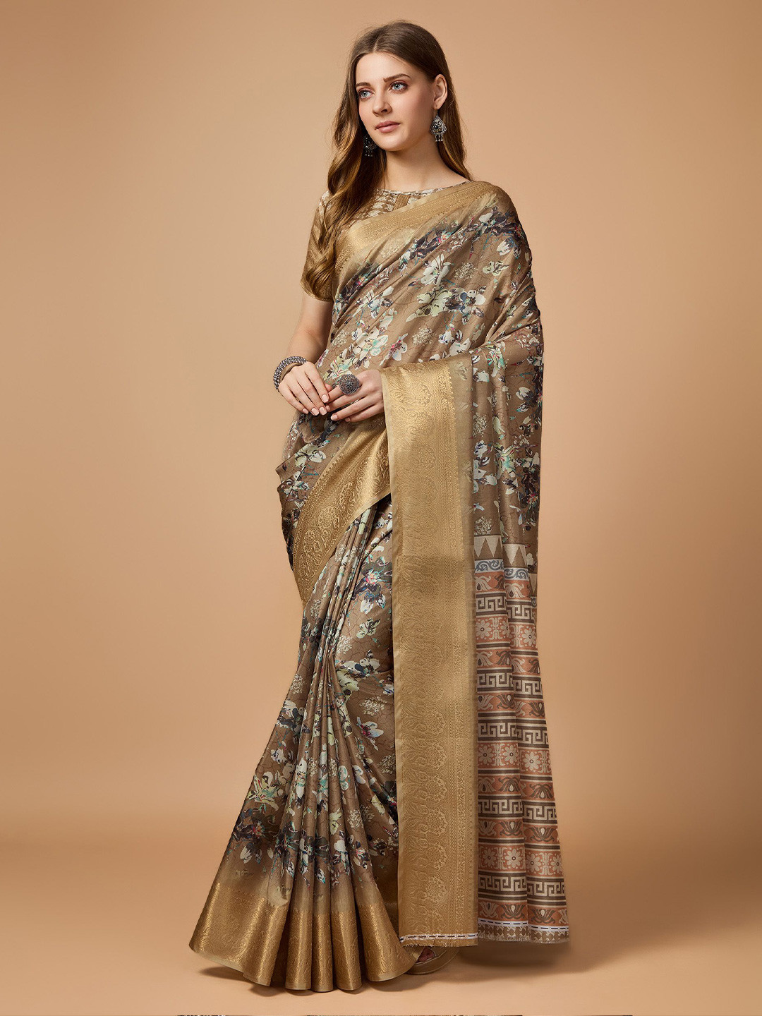 

Fashion FRICKS Floral Digital Printed Saree, Brown