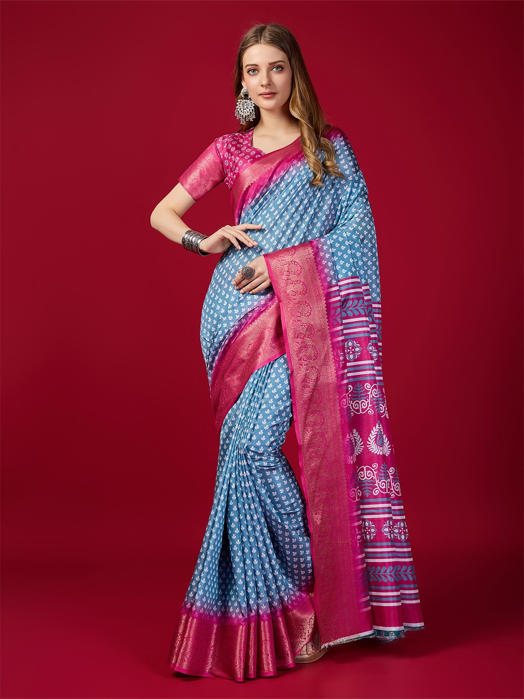 

Fashion FRICKS Floral Zari Heavy Work Saree, Blue