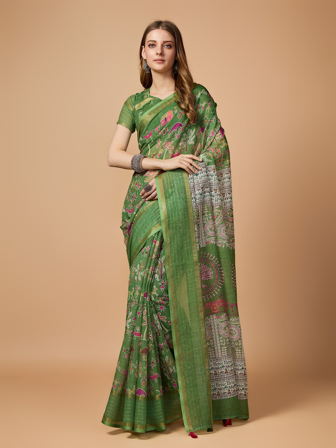

Fashion FRICKS Warli Sequinned Digital Printed Saree, Green