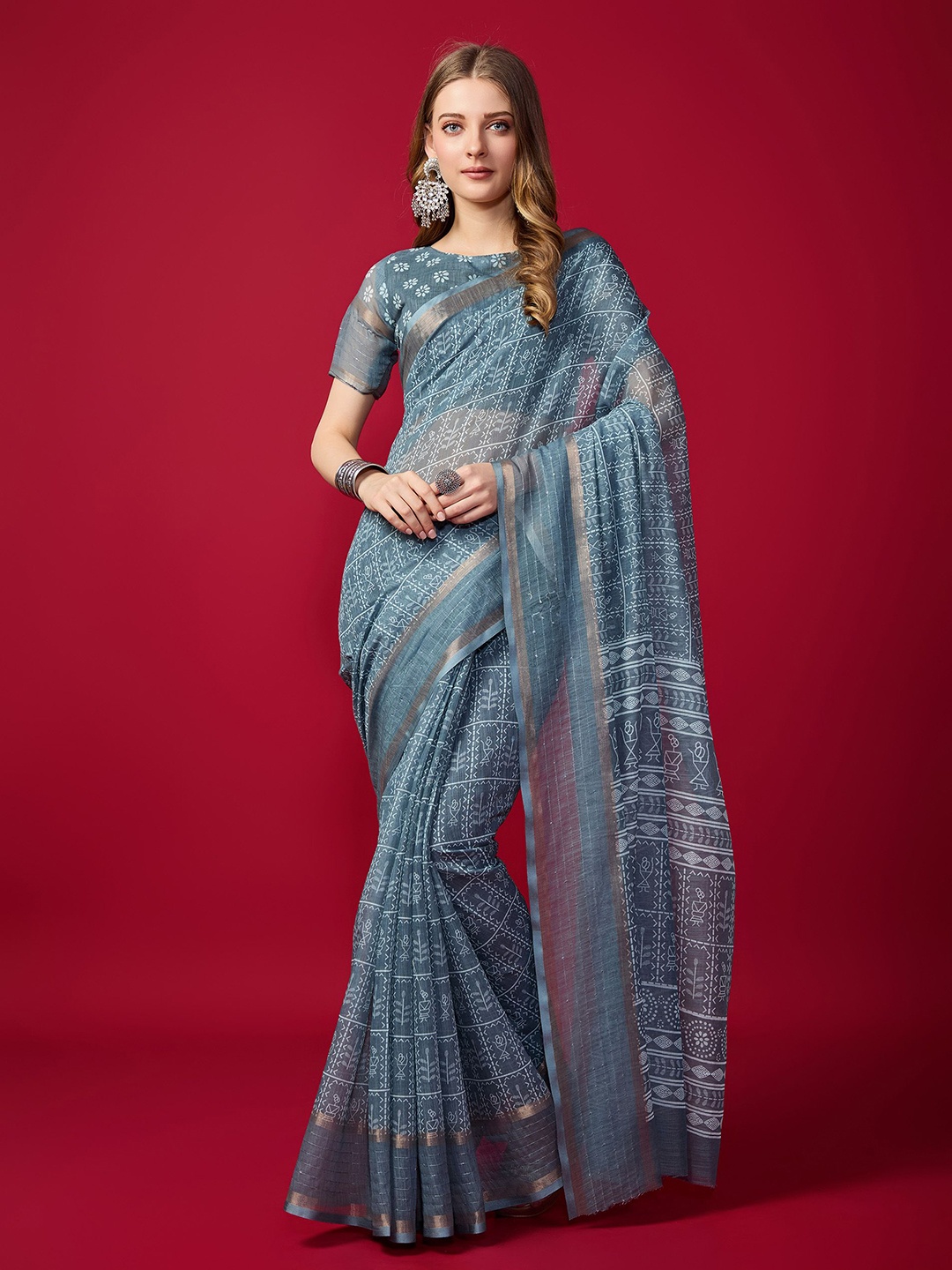 

Fashion FRICKS Warli Printed Zari Saree With Blouse Piece, Grey