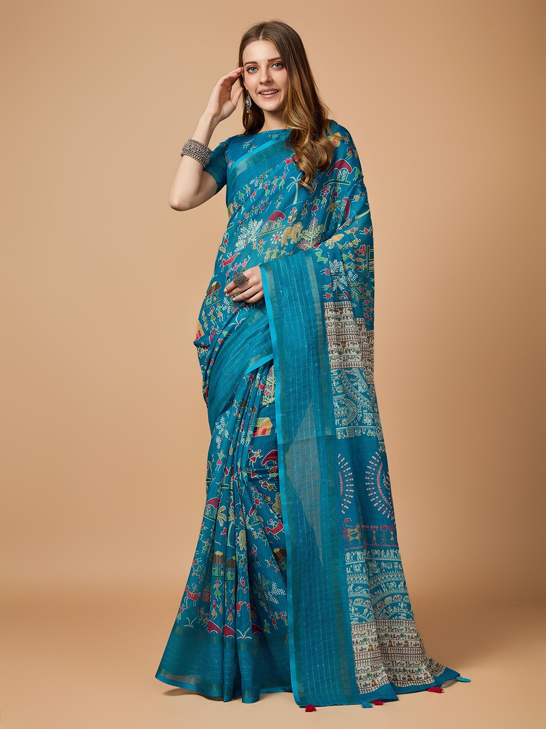 

Fashion FRICKS Warli Sequinned Saree, Turquoise blue