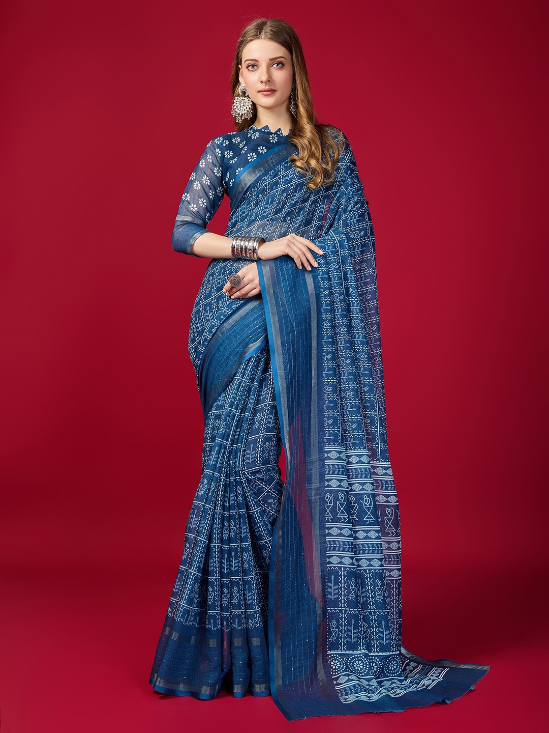 Fashion FRICKS Floral Zari Digital Printed Heavy Work Saree, Navy blue