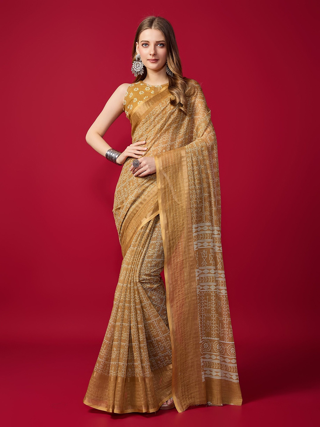 

Fashion FRICKS Warli Printed Zari Saree, Beige