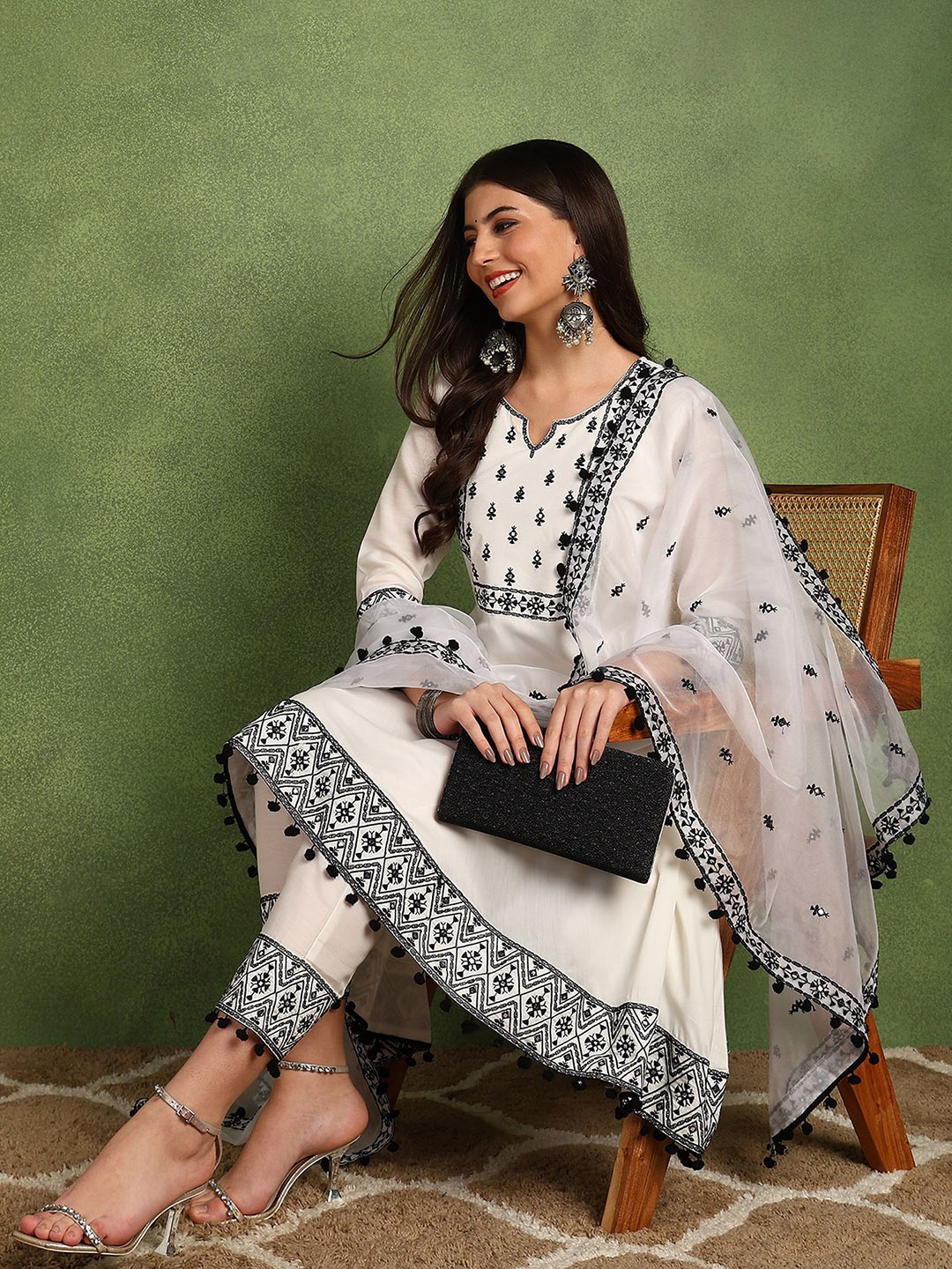 

AHIKA Embroidered Empire Thread Work A-Line Kurta With Trousers & Dupatta, White