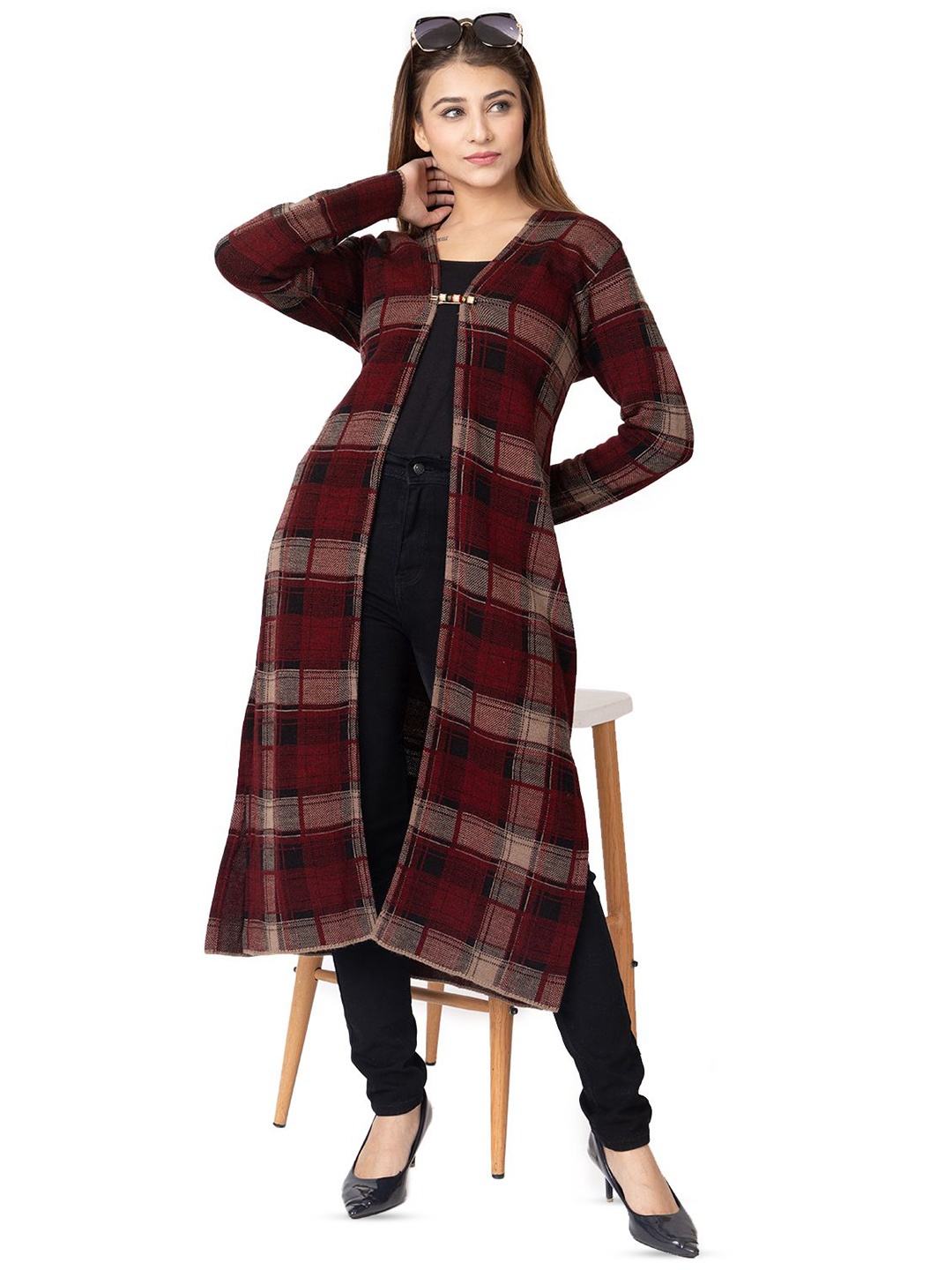 

TWENTY ME Checked Longline Open Front Shrug, Maroon
