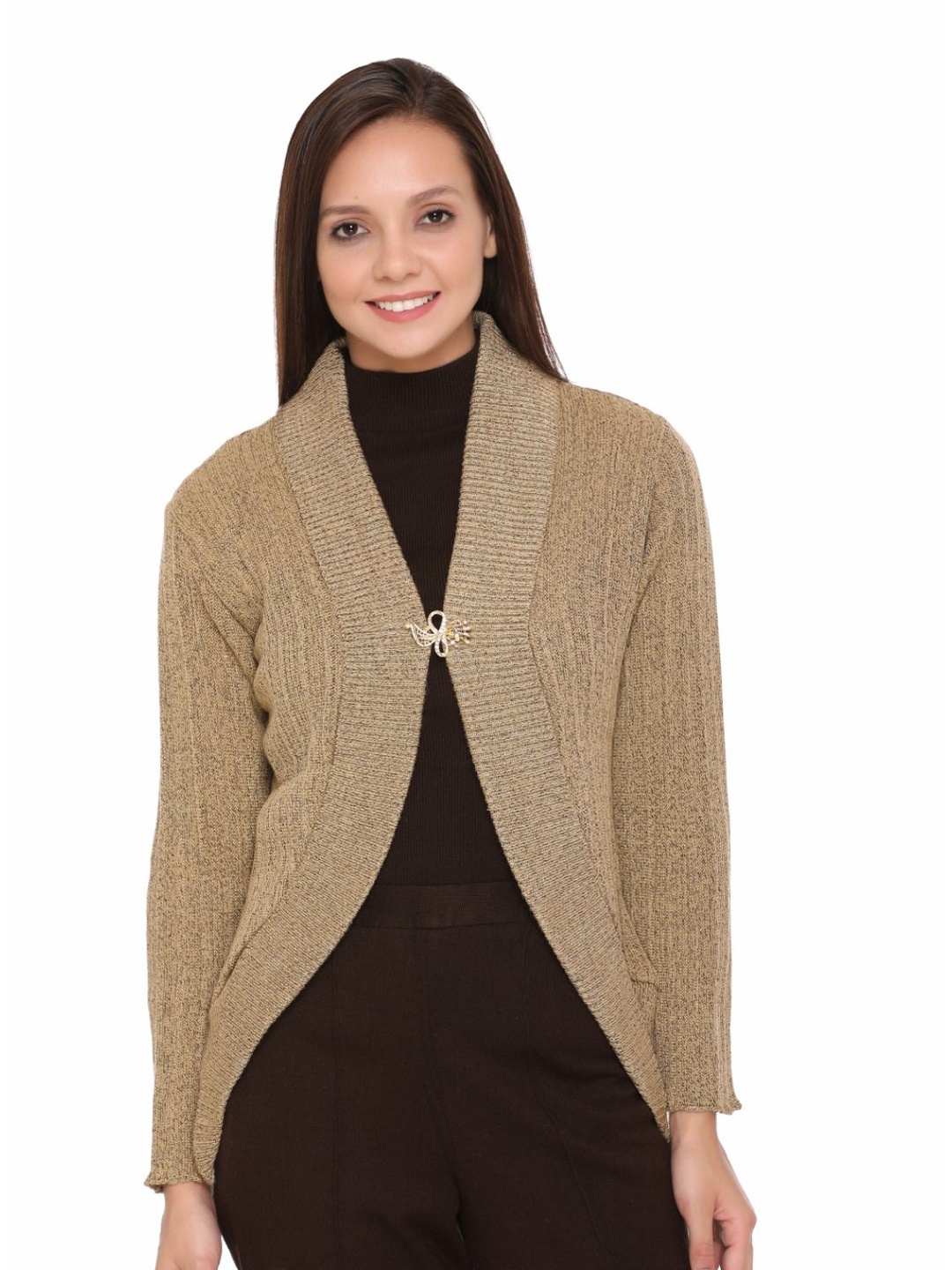 

TWENTY ME V-Neck Long Sleeves Open Front Shrug, Beige