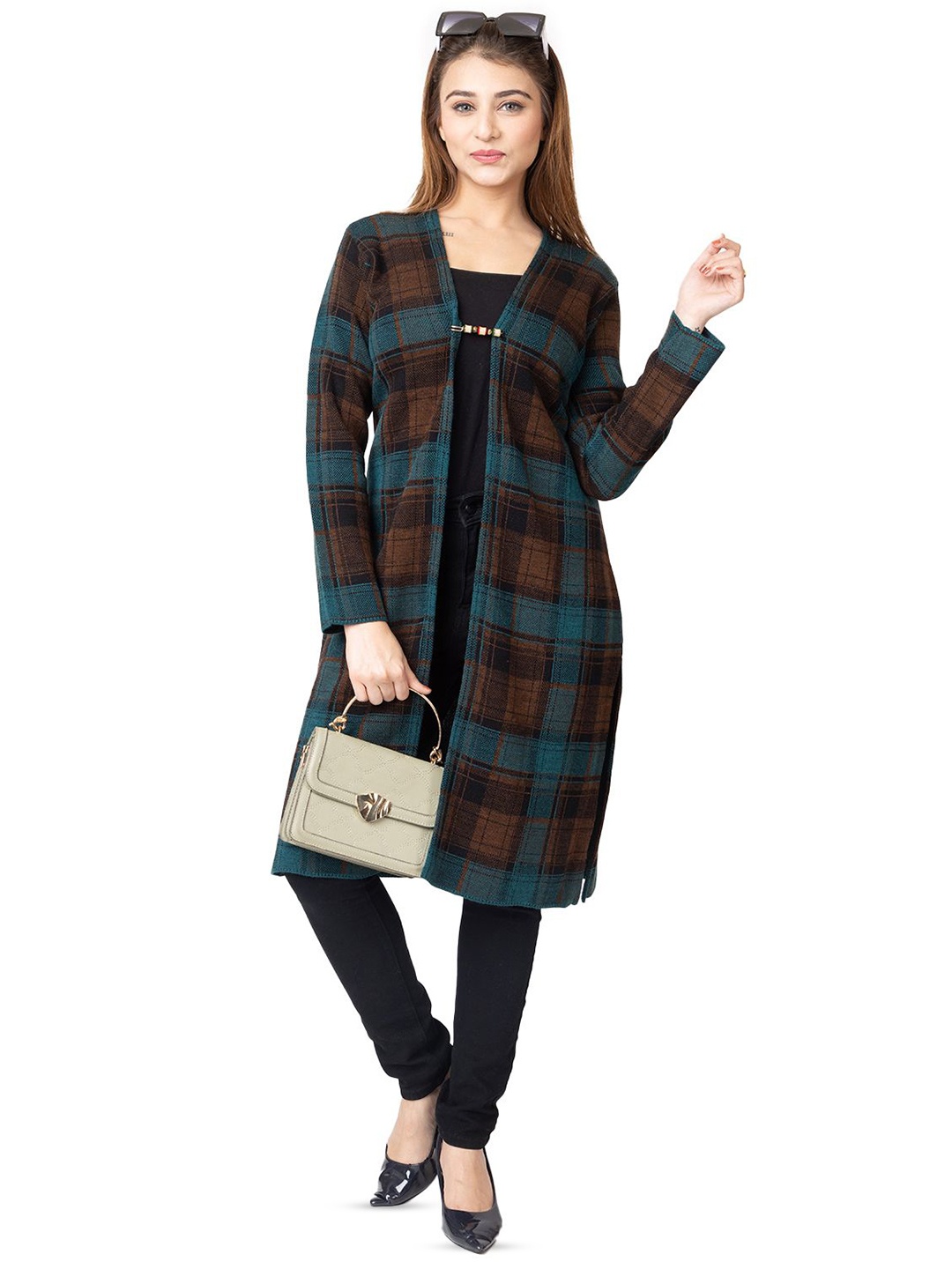 

TWENTY ME Checked Acrylic Longline Open Front Shrug, Green