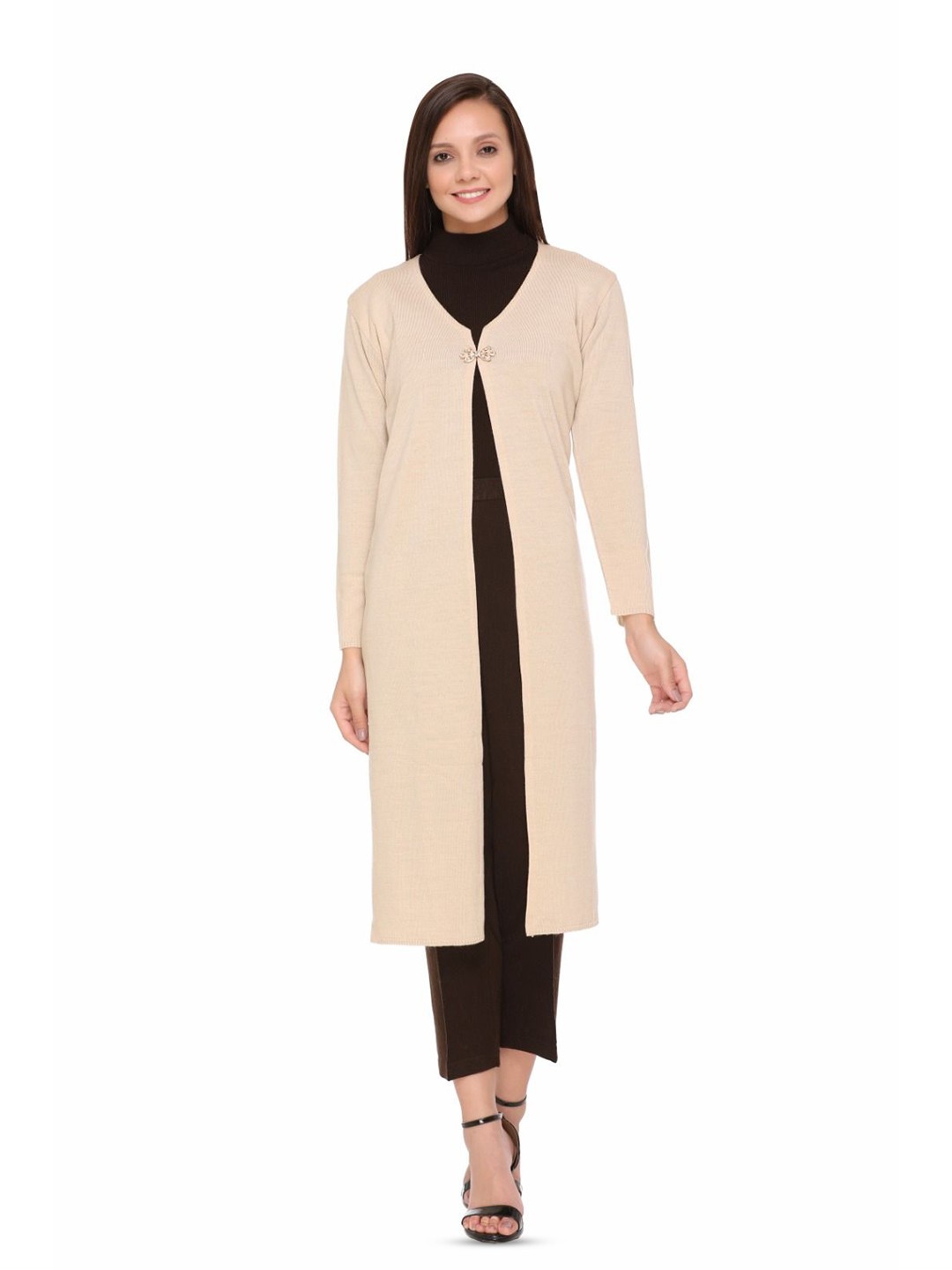

TWENTY ME V-Neck Long Sleeves Longline Open Front Shrug, Beige