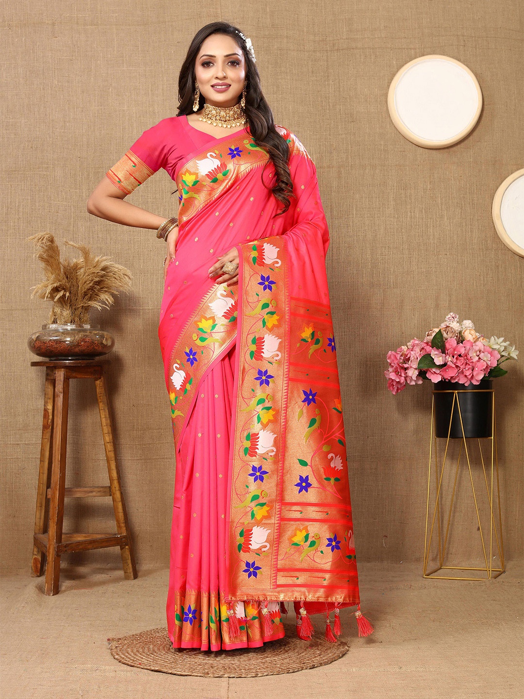 

VEECHIS Woven Design Zari Pure Silk Paithani Saree, Rose