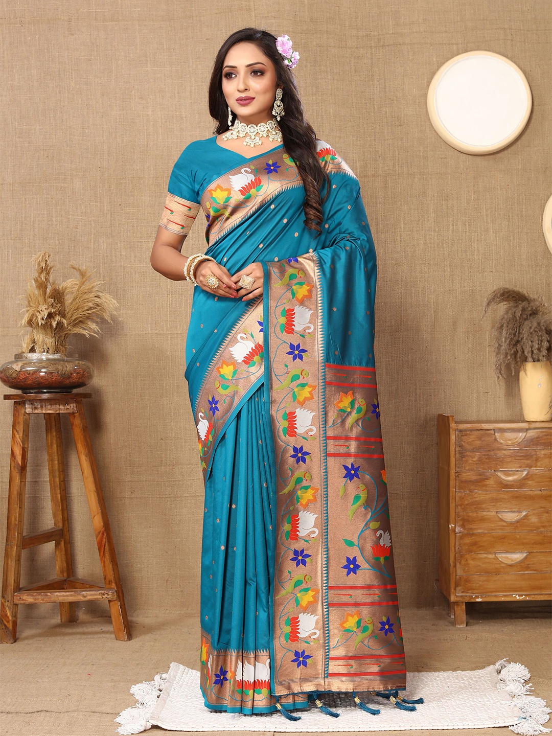 

VEECHIS Ethnic Motifs Woven Design Zari Pure Silk Paithani Saree, Turquoise blue