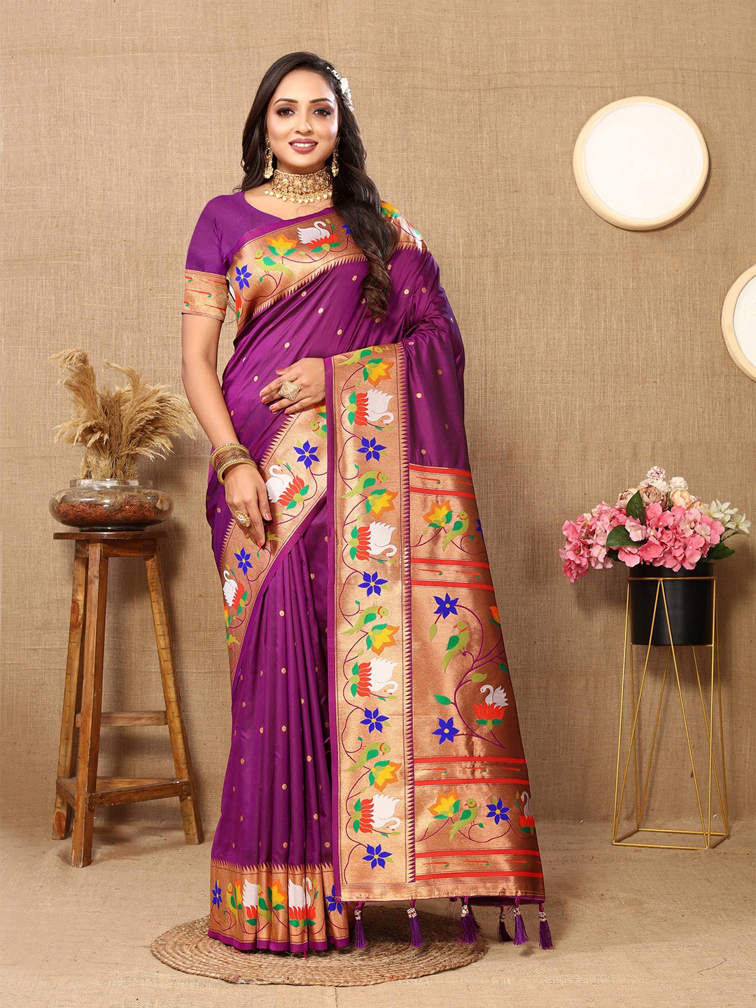 

VEECHIS Ethnic Motifs Woven Design Zari Pure Silk Paithani Saree, Purple