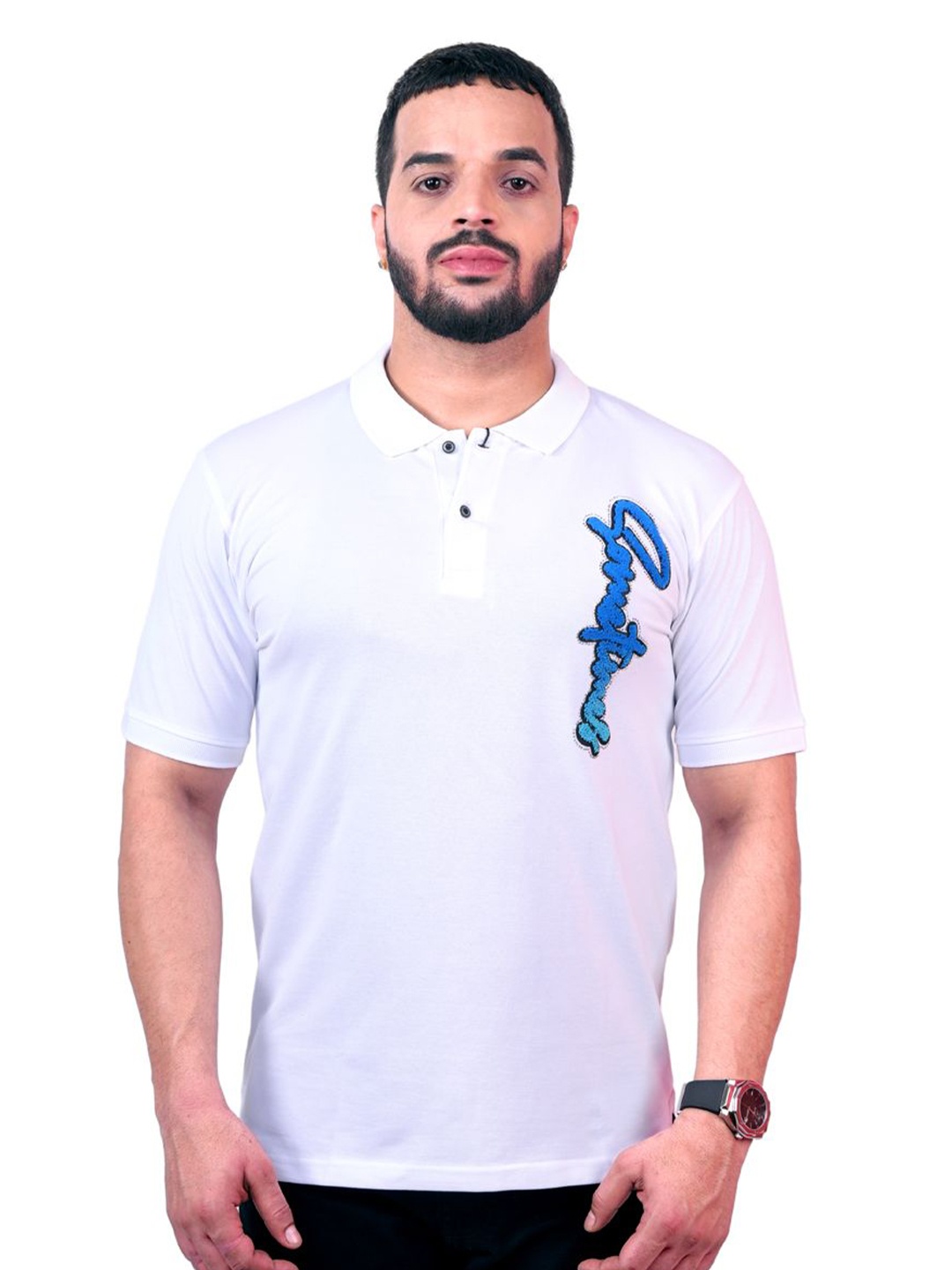 

Pontiac Men Mandarin Embroidered Collar T-shirt, White