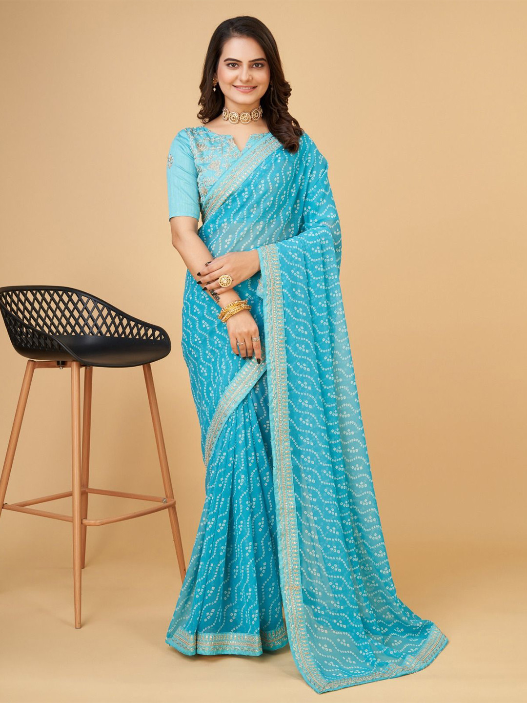 

ZIBLON Bandhani Embroidered Pure Georgette Bandhani Saree, Blue