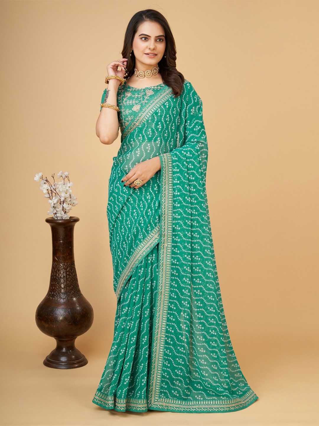 

ZIBLON Bandhani Embroidered Pure Georgette Bandhani Saree, Green