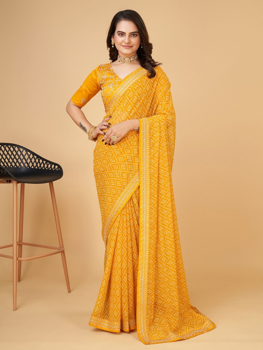 

ZIBLON Beads and Stones Pure Georgette Bandhani Saree, Yellow