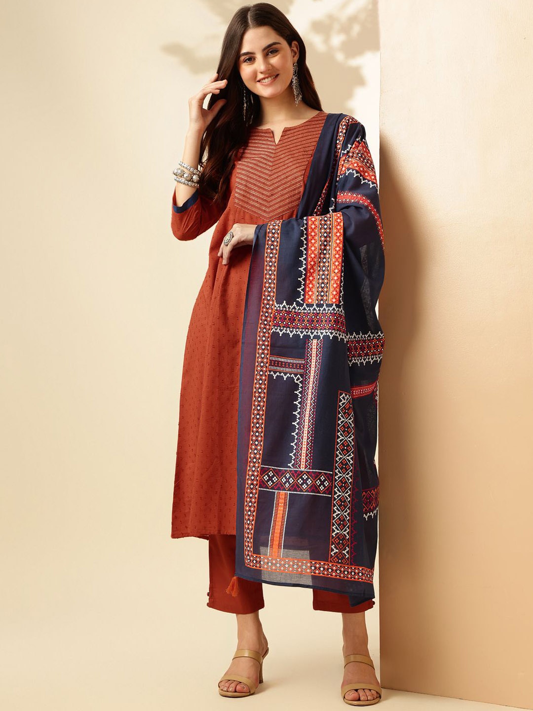 

Anouk Ethnic Motifs Panelled Pure Cotton Kurta with Trousers & With Dupatta, Rust