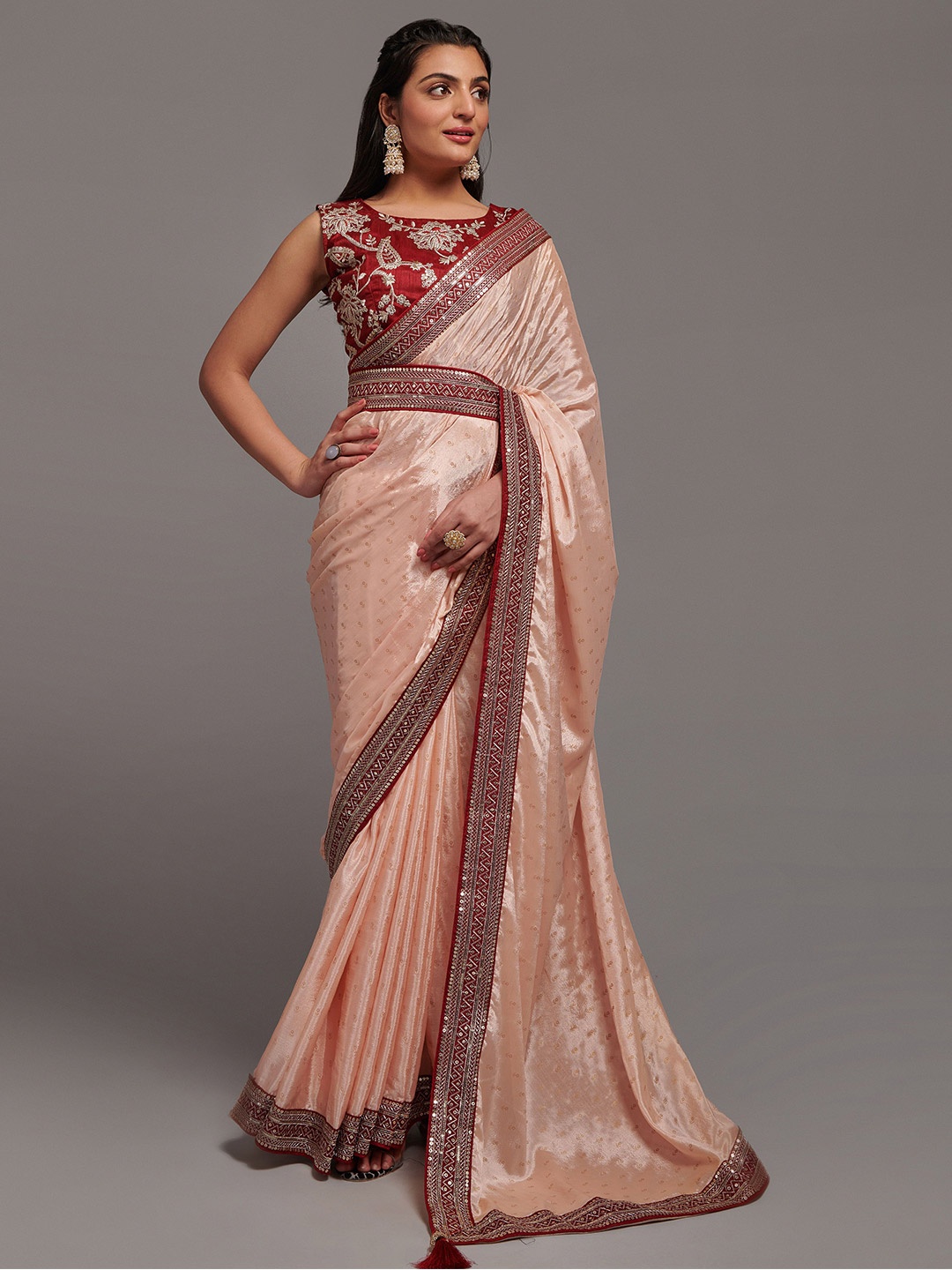 

ZIBLON Ethnic Motifs Embroidered Belted Kota Saree, Peach