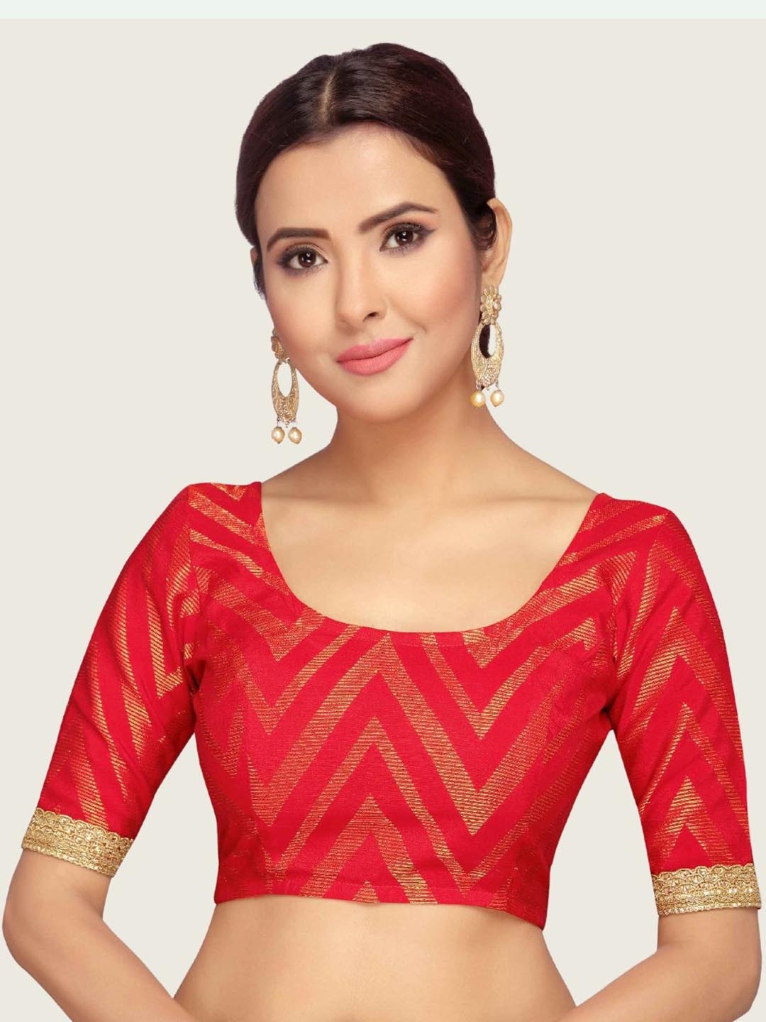 

Studio Shringaar Round Neck Short Sleeves Woven Design Saree Blouse, Red