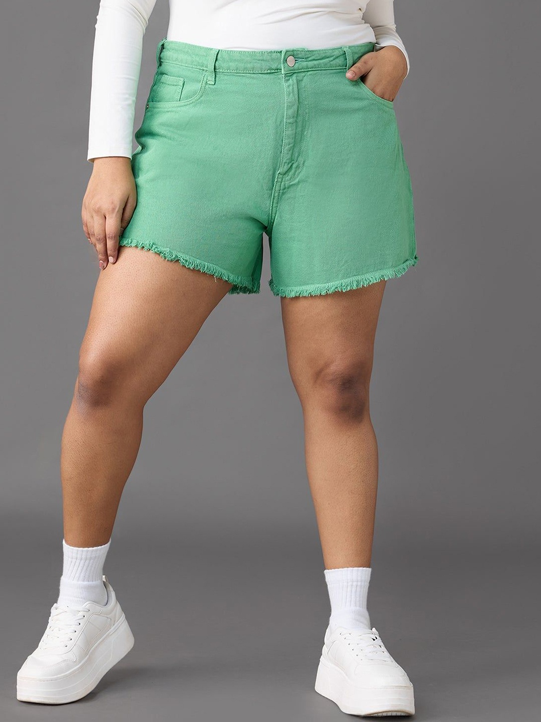 

FREAKINS Women High-Rise Regular Fit Pure Cotton Shorts, Green