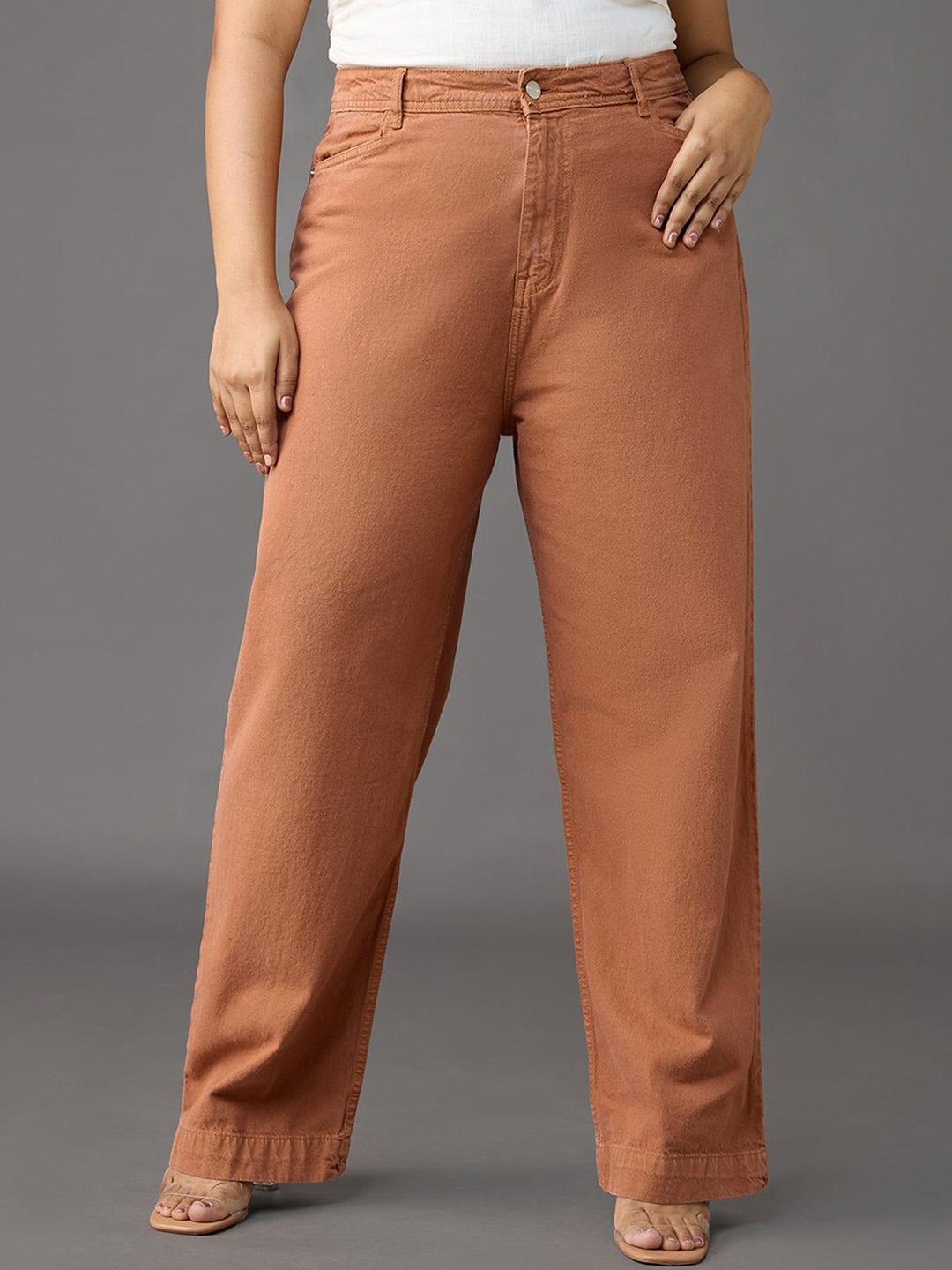 

FREAKINS Women Straight Fit Clean Look Cotton High-Rise Jeans, Brown