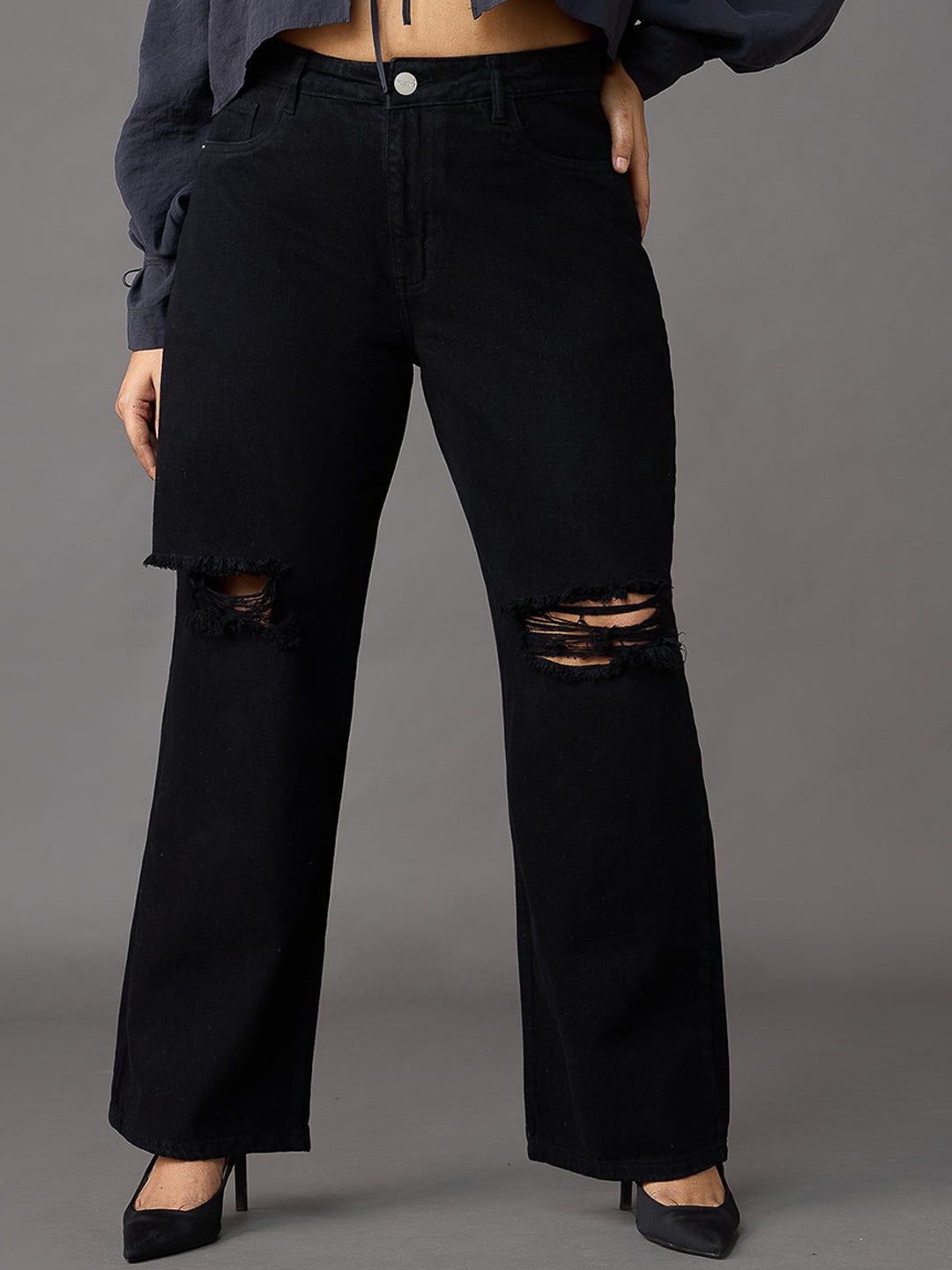 

FREAKINS Women Wide Leg High-Rise Slash Knee Pure Cotton Jeans, Black