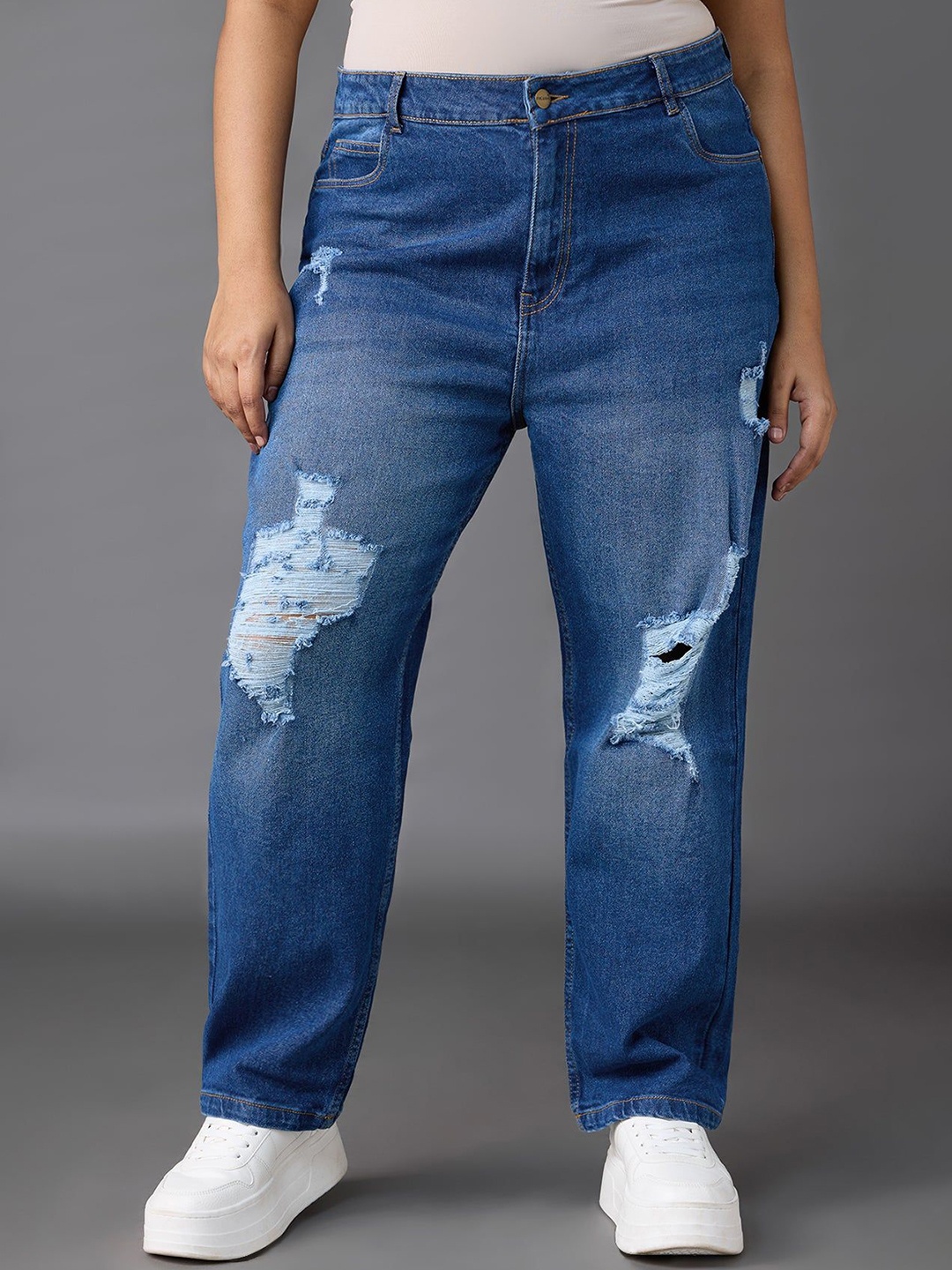 

FREAKINS Women High-Rise Mildly Distressed Light Fade Stretchable Jeans, Blue