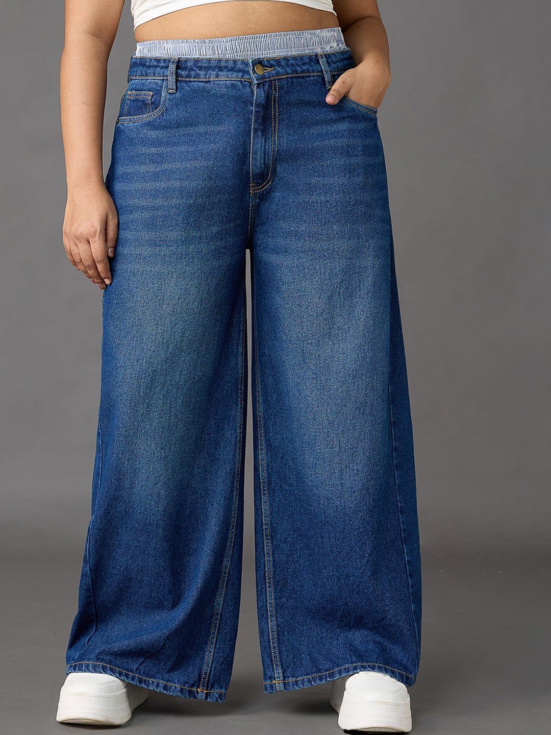 

FREAKINS Women Wide Leg Low-Rise Clean Look Light Fade Pure Cotton Jeans, Blue