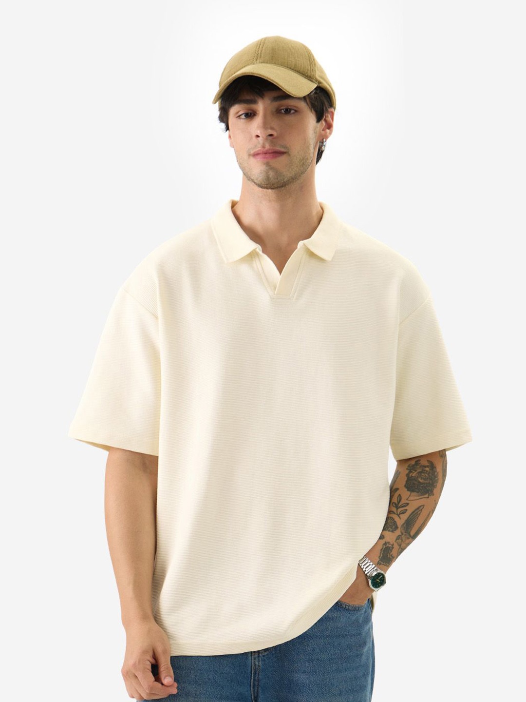 

The Souled Store Men Polo Collar Solid Oversized T-shirt, Off white