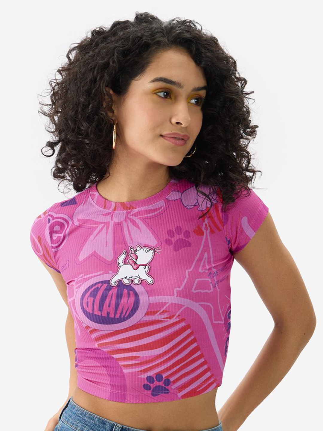 

The Souled Store Printed Short Sleeves Crop Top, Pink