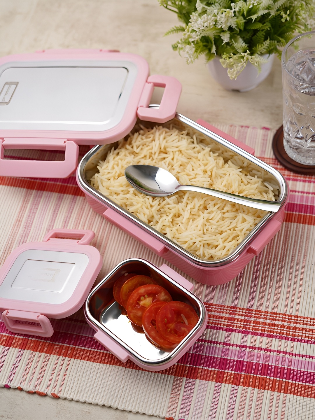 

ceradeco Pink Stainless Steel Lunch Box With Veg Container & Spoon