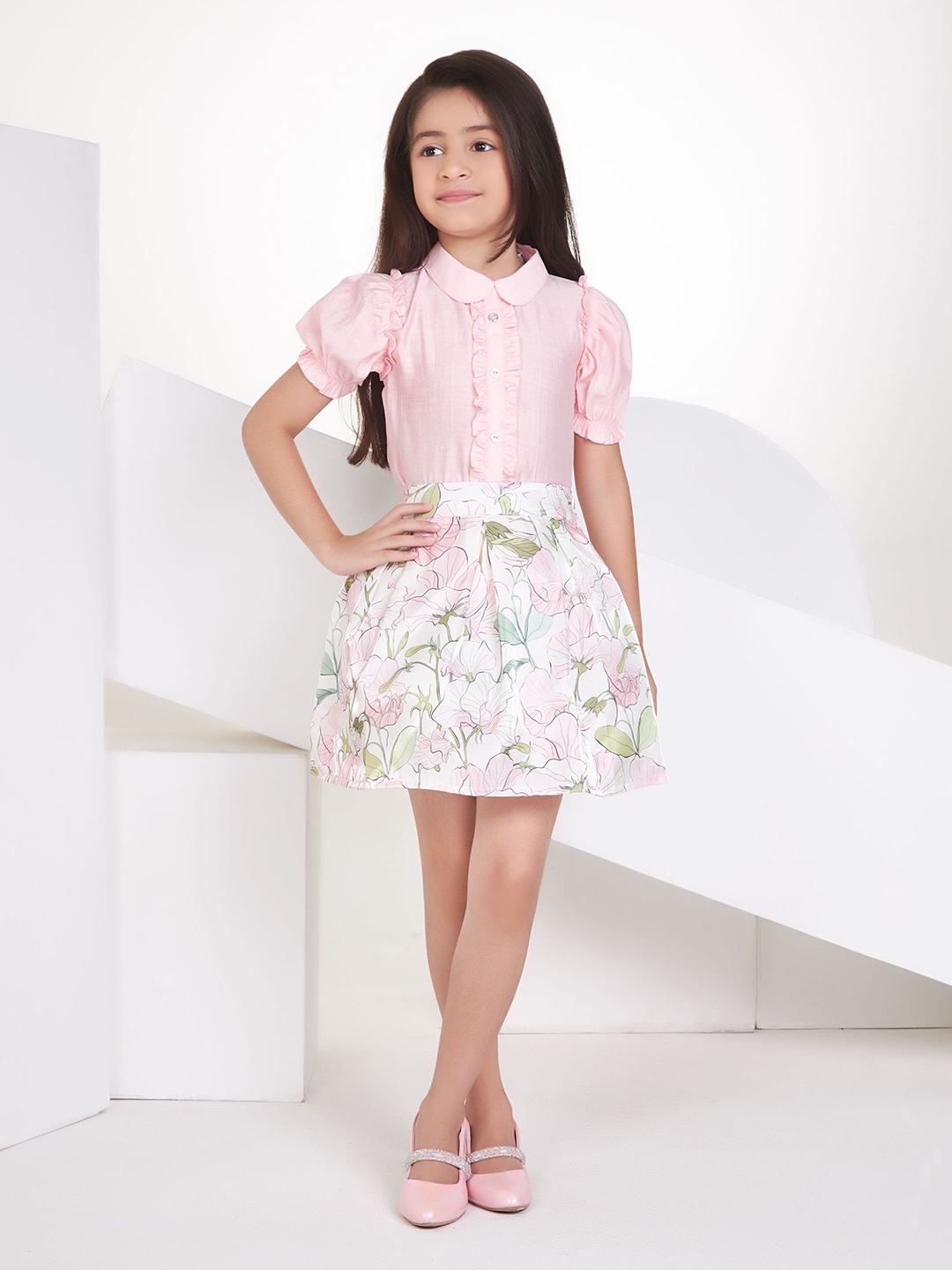 

Peppermint Girls Shirt Collar Top with Skirt, Pink