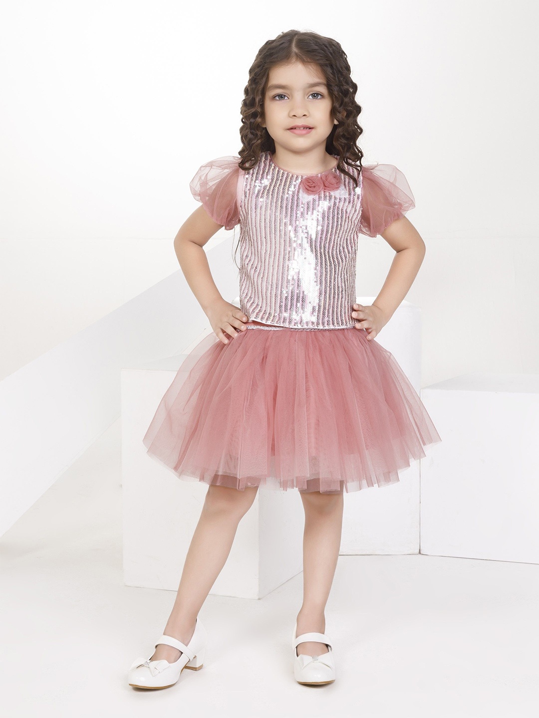 

Peppermint Girls Embellished Top With Skirt, Peach