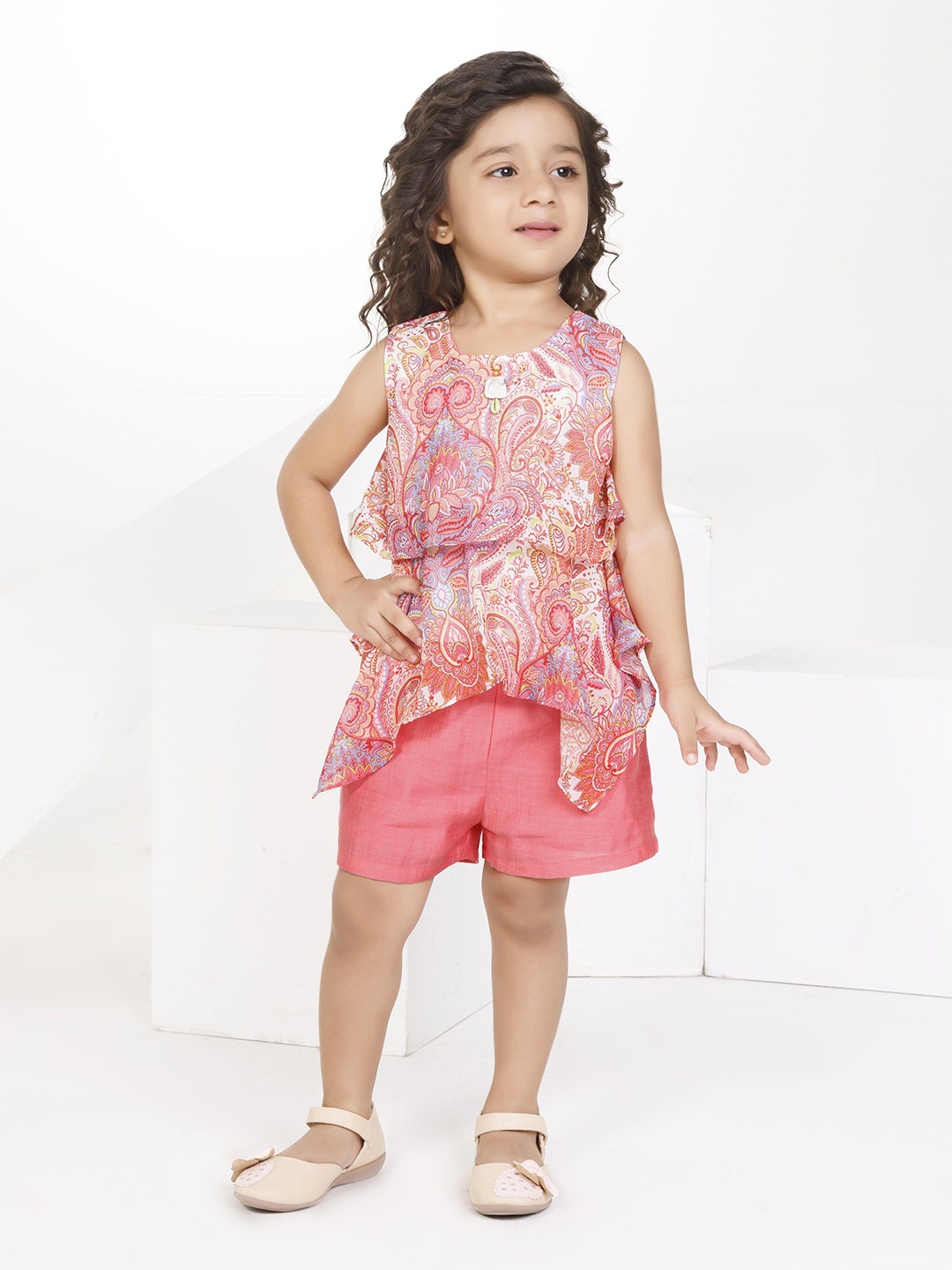 

Peppermint Girls Printed Top with Shorts, Peach