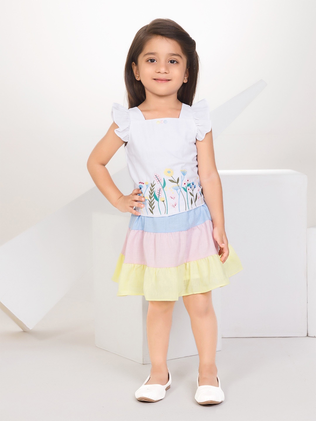 

Peppermint Girls Printed Square Neck Top with Skirt, White
